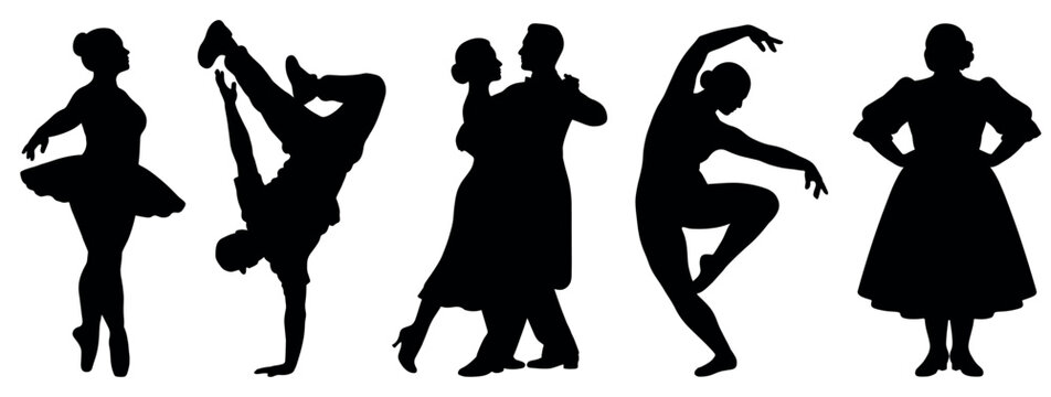 Dance icons set. Various dance styles and movements concept. Includes ballerina, breakdancer, tango couple, modern dancer, folk dancer. Solid black silhouette style