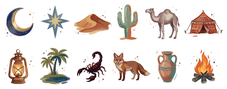 Desert life icons set. Arid landscape and wildlife concept. Includes crescent moon, star, sand dune, cactus, camel, tent, lantern, palm tree, scorpion, fox, clay pot, campfire. Watercolor