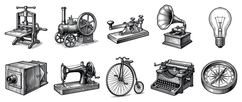 Vintage invention icons set. Historical technology and discovery concept. Includes printing press, steam engine, telegraph, gramophone, light bulb, camera, sewing machine, bicycle,