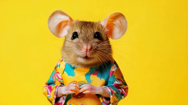 A mouse wearing a traditional floral kimono.