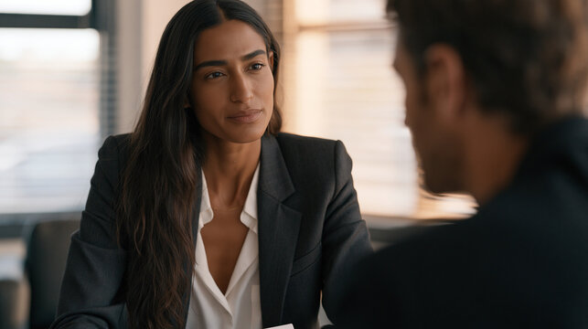 A Moroccan immigrant woman in professional attire practices a mock job interview across from a career counselor in a workforce center, credential evaluation documents on the desk