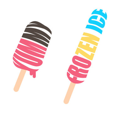 Advertising inscription Frozen ice and Yummy in the form of ice cream on a stick. Simple flat vector isolated on white background