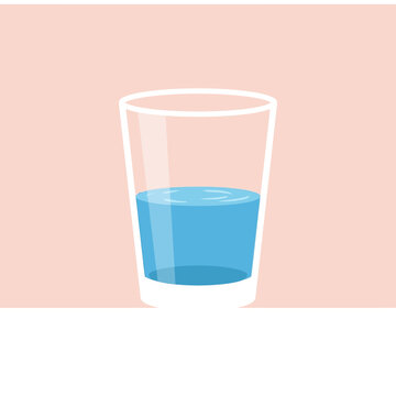 A glass half full of fresh water on a pink background