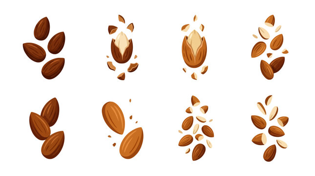Set of falling almond nuts isolated on white background