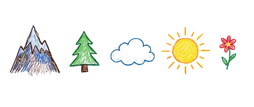 Nature element icons set. Outdoor landscape and weather concept. Includes mountain, pine tree, cloud, sun, flower. Hand-drawn crayon doodle style