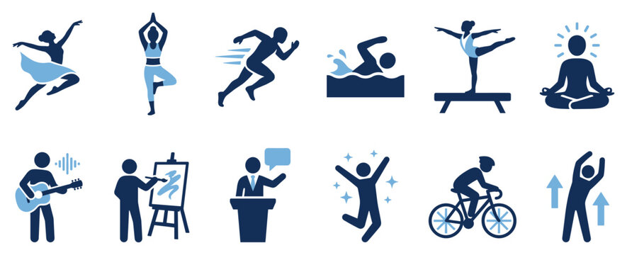 Activity and hobby icons set. People engaged in various leisure and fitness activities. Includes dancer, yogi, runner, swimmer, gymnast, meditator, guitarist, painter, speaker, jumper,