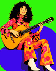 Obraz premium A vibrant retro illustration of a stylish woman playing classical guitar, featuring bold 1970s fashion, colorful floral patterns, and a lively pop art aesthetic.