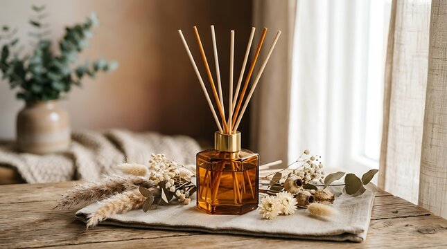 Reed diffuser with sticks on a wooden table with flowers and plants nearby