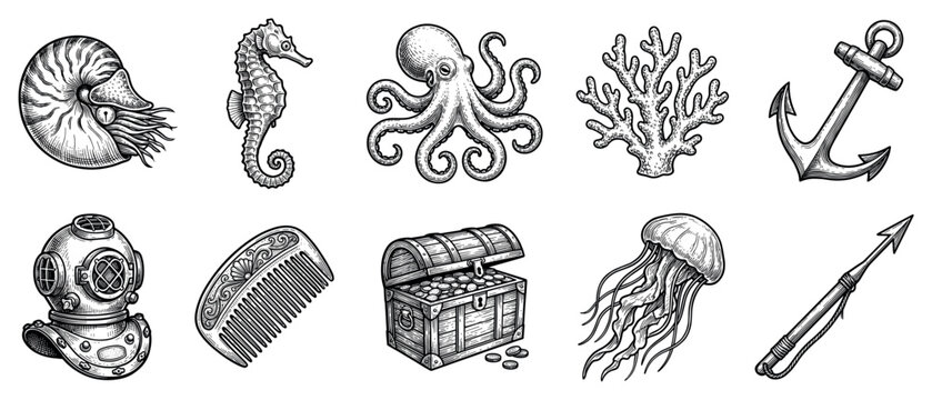 Under the sea icons set. Ocean life and adventure concept. Includes nautilus, seahorse, octopus, coral, anchor, diving helmet, treasure chest, jellyfish, harpoon. Engraved vintage style