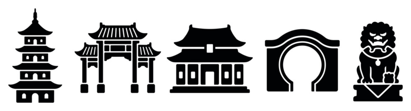Asian architecture icons set. Traditional oriental buildings and symbols concept. Includes pagoda, torii gate, temple, archway, foo dog statue. Solid black silhouette style