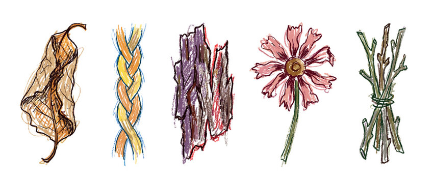 Nature elements icons set. Organic and earthy textures concept. Includes dried leaf, braided rope, tree bark, flower, bundle of sticks. Hand-drawn doodle style