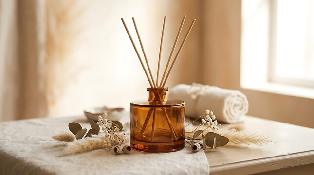 Aromatherapy reed diffuser with sticks on a table with flowers and towel