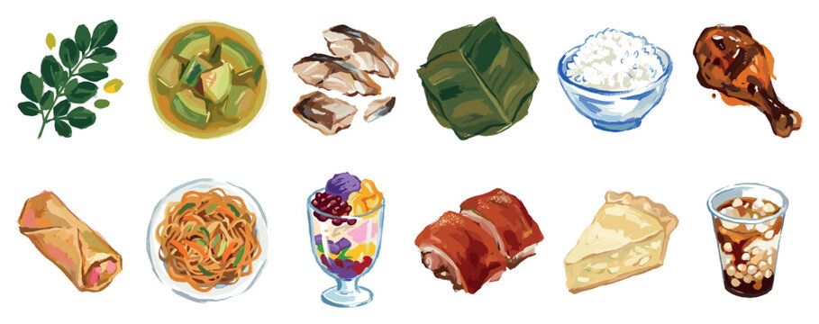 Filipino food icons set. Traditional cuisine and dishes concept. Includes moringa leaves, sinigang, fried fish, suman, rice, chicken leg, lumpia, pancit, halo-halo, lechon, buko pie, taho