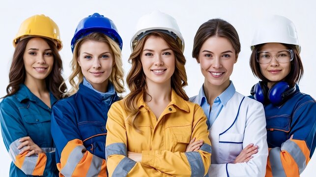 Five diverse women engineering professionals wearing hard hats smiling