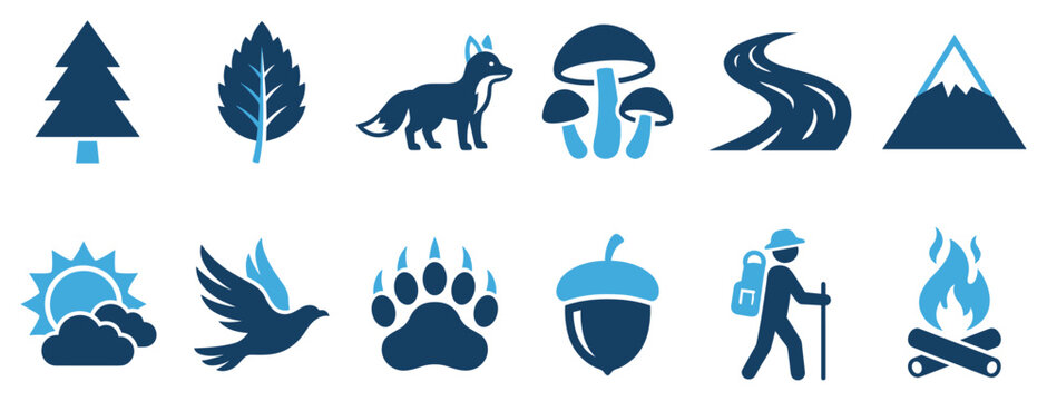 Nature and camping icons set. Outdoor adventure and wilderness concept. Includes pine tree, leaf, fox, mushrooms, road, mountain, sun, bird, paw print, acorn, hiker, campfire. Flat and solid
