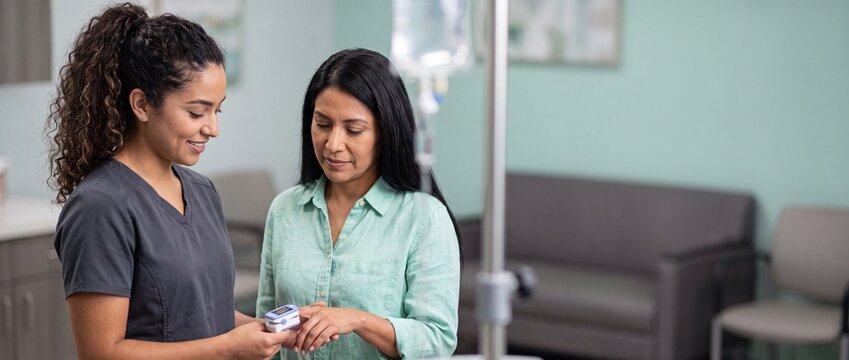 Female nurse checking patient pulse oximeter in clinical hospital ward. Latina medical professional monitors oxygen saturation levels of mature woman with friendly, compassionate, supportive services.