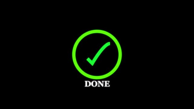 Green neon check mark done symbol on black. Successful green neon check mark for task completion status. Digital green neon check mark animation for approval.