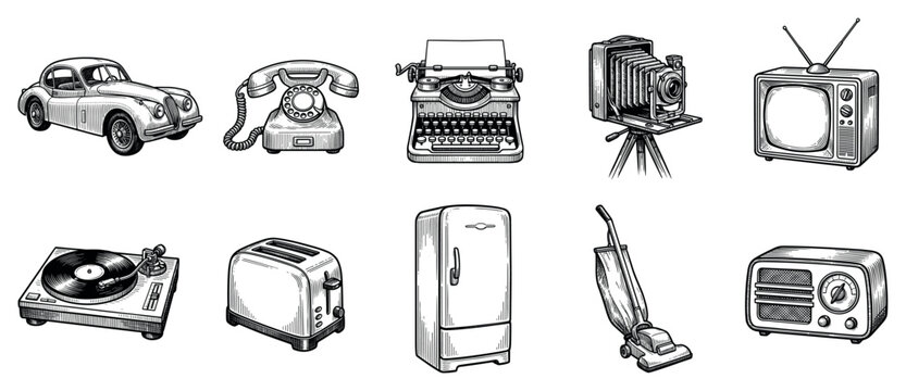 Vintage technology icons set. Retro devices and antique appliances concept. Includes car, telephone, typewriter, camera, television, record player, toaster, refrigerator, vacuum cleaner,