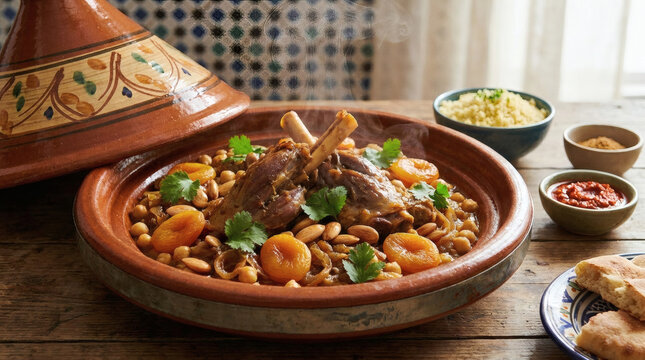 Traditional Moroccan tagine dish with meat and vegetables.