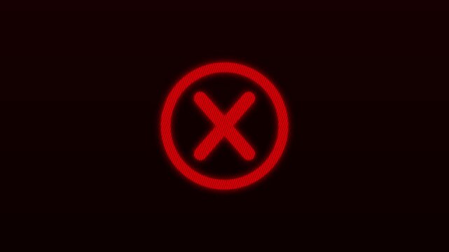 Red X symbol on dark background warning. System red X symbol for rejected status and failure notification. Digital red X animation for error interfaces.