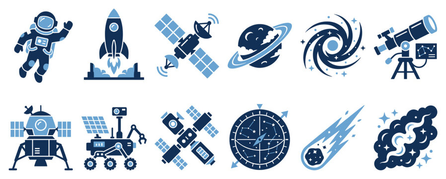 Space and astronomy icons set. Exploration and cosmic discovery concept. Includes astronaut, rocket, satellite, planet, galaxy, telescope, lunar lander, rover, compass, comet, nebula. Solid