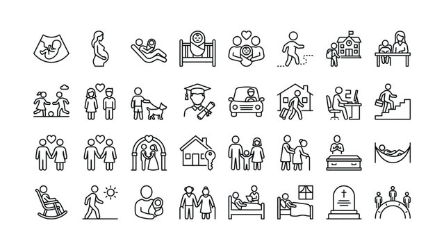 Human life cycle and family relationships outlined with simple line art icons representing various stages from birth to old age