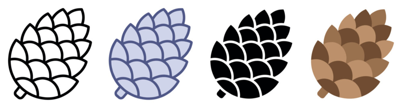 Pine cone icons set. Autumn and winter nature concept. Includes outline pine cone, colored pine cone, solid pine cone, brown pine cone. Flat and line style