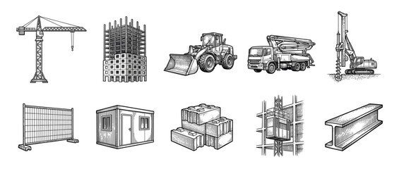 Obraz premium Construction icons set. Building and engineering concept. Includes tower crane, building frame, front loader, concrete mixer, drilling rig, fence, modular house, concrete blocks,