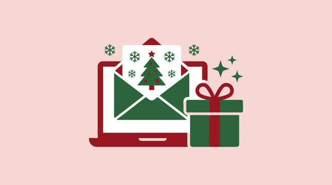 Laptop with Christmas card and gift box on pink background