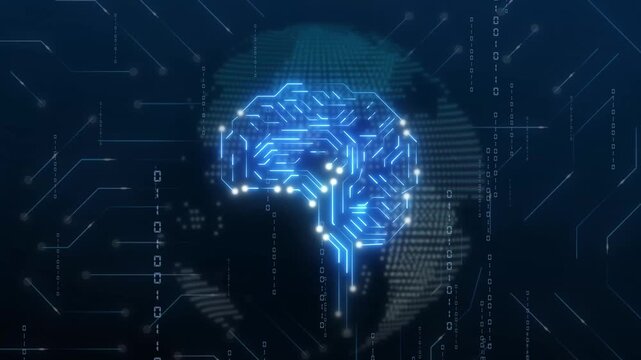 Digital brain with globe and binary code. Global digital brain for international data network processors. Tech digital brain animation for machine learning.
