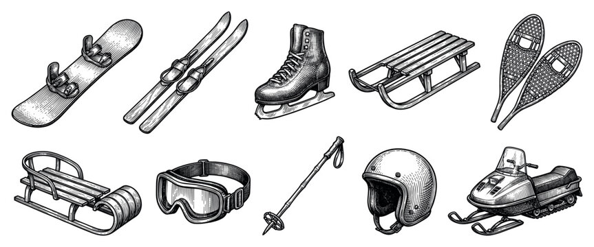 Winter sports equipment icons set. Outdoor activities and recreation concept. Includes snowboard, skis, ice skate, sled, snowshoes, goggles, ski pole, helmet, snowmobile. Hand-drawn