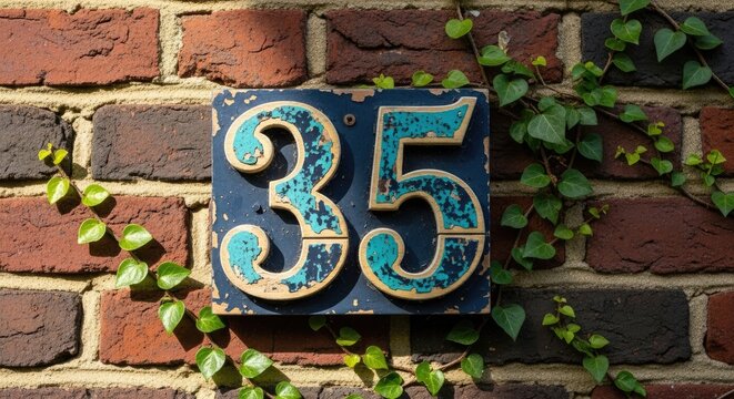 Vintage distressed blue number thirty-five sign on a rustic brick wall surrounded by green ivy vines