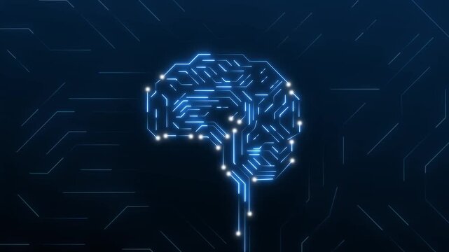 Blue circuit board brain on dark background. Advanced blue circuit board brain for artificial intelligence. Digital blue circuit board brain computing.