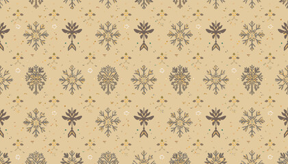 Elegant seamless pattern featuring alternating stylized floral and snowflake motifs on a textured beige background, perfect for vintage designs. © Note
