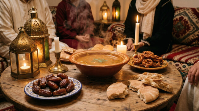 Traditional Middle Eastern iftar dinner with family.