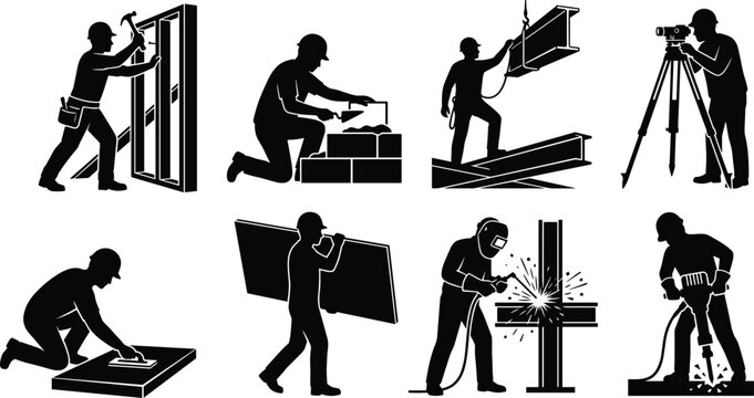 Construction workers and building site manual labor silhouettes vector icon set featuring bricklayer welder carpenter and surveyor