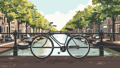 A classic black bicycle parked on a bridge over a canal in a European city with tree-lined streets and historic buildings. © Note