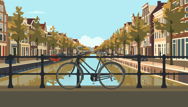 An illustrated view of a classic bicycle parked on a bridge over a canal in a European city, with traditional buildings and autumn trees lining the waterway.