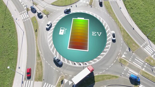 Aerial illustration of electric cars with animated battery charging, showcasing clean energy, sustainable transportation, and eco friendly technology concepts