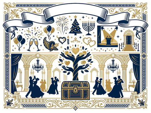 Vintage illustration of festive celebrations and dancing couples