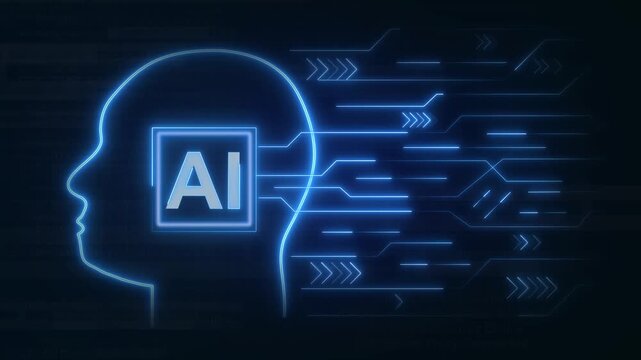 Glowing blue AI brain outline with circuit patterns. Advanced glowing blue AI brain for machine learning software banners. Tech glowing blue AI brain.