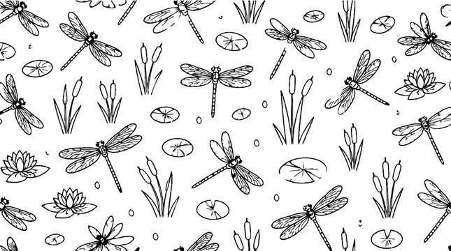 Delicate dragonflies and lily pads in nature pattern.