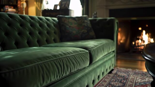 Luxurious green velvet sofa near fireplace with patterned pillow