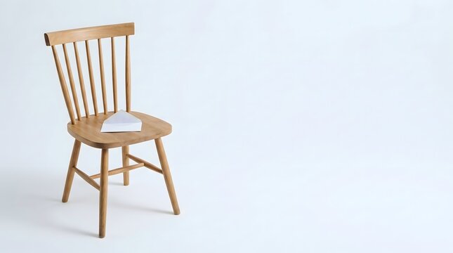 Plain oak wooden dining chair with single empty open white envelope on seat on cool white surface, empty chair absence grief loss unsent letter concept art horizontal with copy space