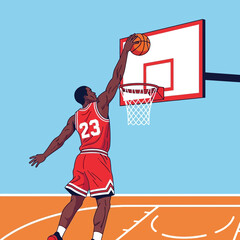 Basketball Player Dunking Slam Dunk Red Jersey Number 23 Sky Blue Background © dewi