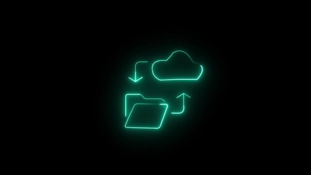 Neon cloud computing data sync animation for digital technology and network storage file transfer neon digital storage