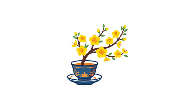 Minimalist flat design single icon of a vibrant Vietnamese Tet Lunar New Year apricot blossom branch emerging gracefully from a traditional red envelope symbolizing prosperity and renewal in