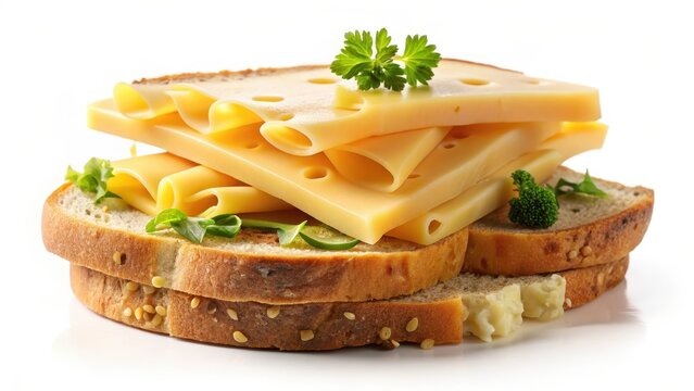 Slices of gouda on bread and a cheese sandwich are isolated against a white backdrop