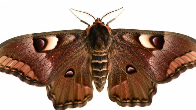 Macro shot of a moth with detailed wing patterns against a white backdrop