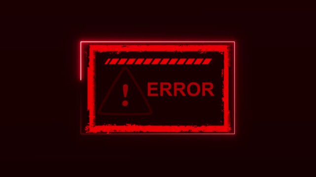 Red neon glowing error message sign with exclamation mark. Alert red neon glowing error message sign for firewall security threats. Cyber red neon error sign.